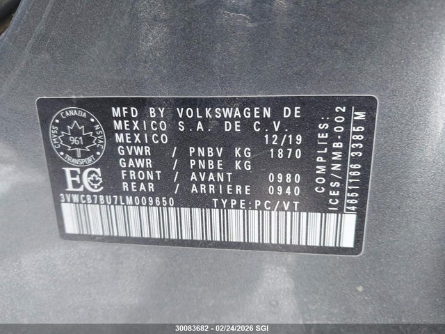 Aukcja sprzedaży 2020 Volkswagen Jetta S/se/r-line, vin: 3VWCB7BU7LM009650, numer aukcji: 30083682