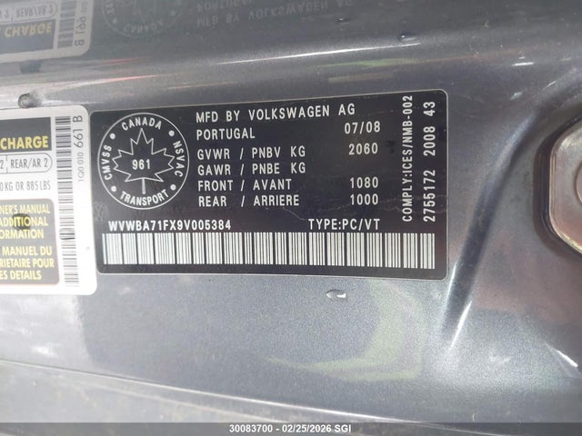 2009 Volkswagen Eos Turbo/komfort მანქანა იყიდება აუქციონზე, vin: WVWBA71FX9V005384, აუქციონის ნომერი: 30083700