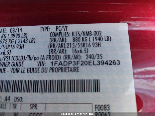 30083869 :رقم المزاد ، 1FADP3F20EL394263 vin ، 2014 Ford Focus Se مزاد بيع