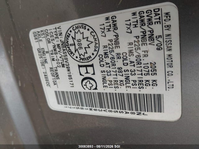 Aukcja sprzedaży 2009 Nissan Rogue S/sl, vin: JN8AS58V39W185171, numer aukcji: 30083893