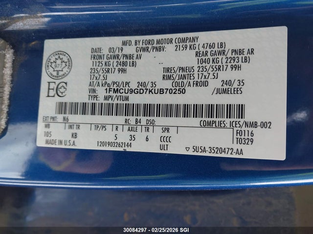 1FMCU9GD7KUB70250 Ford ESCAPE SE