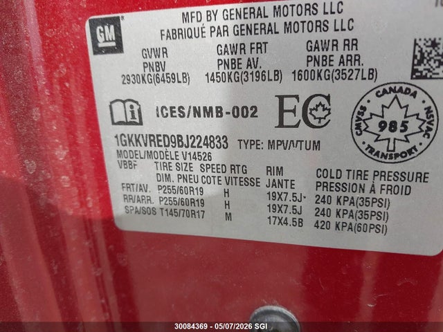 Aukcja sprzedaży 2011 Gmc Acadia Slt-1, vin: 1GKKVRED9BJ224833, numer aukcji: 30084369