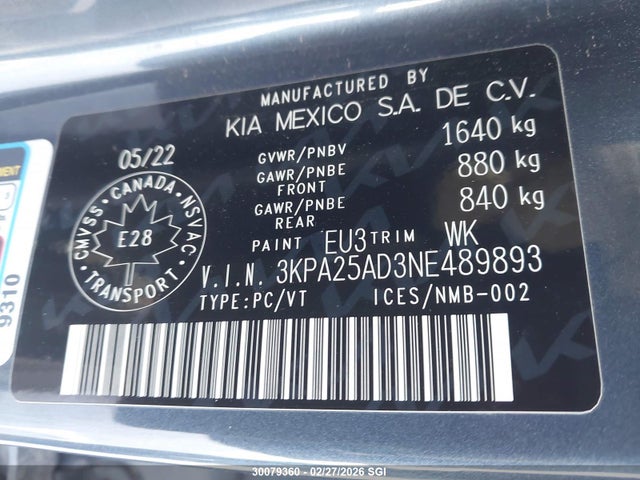 3KPA25AD3NE489893 KIA RIO S