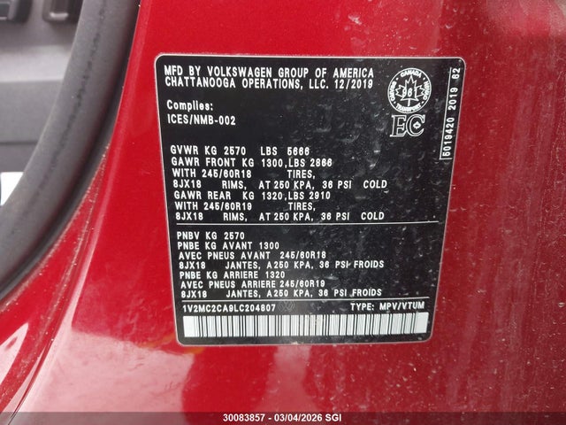 1V2MC2CA9LC204807 Volkswagen Atlas Cross Sport Sel