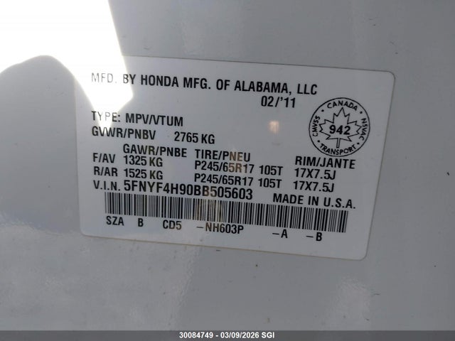 Aukcja sprzedaży 2011 Honda Pilot Touring, vin: 5FNYF4H90BB505603, numer aukcji: 30084749