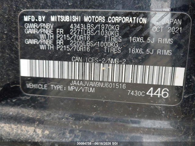 2022 Mitsubishi Rvr Se/sel/le/gt მანქანა იყიდება აუქციონზე, vin: JA4AJVAW9NU601516, აუქციონის ნომერი: 30084758