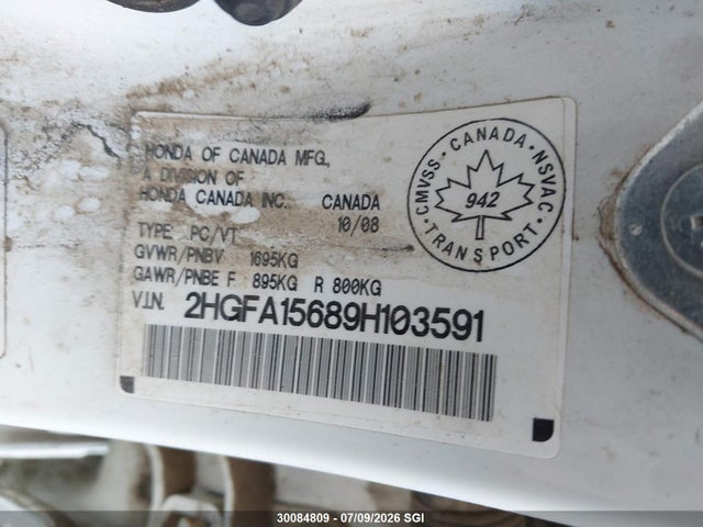 2009 Honda Civic Lx-s მანქანა იყიდება აუქციონზე, vin: 2HGFA15689H103591, აუქციონის ნომერი: 30084809