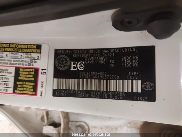 4T1G11AK4MU579750 Toyota Camry Se/se Night Shade