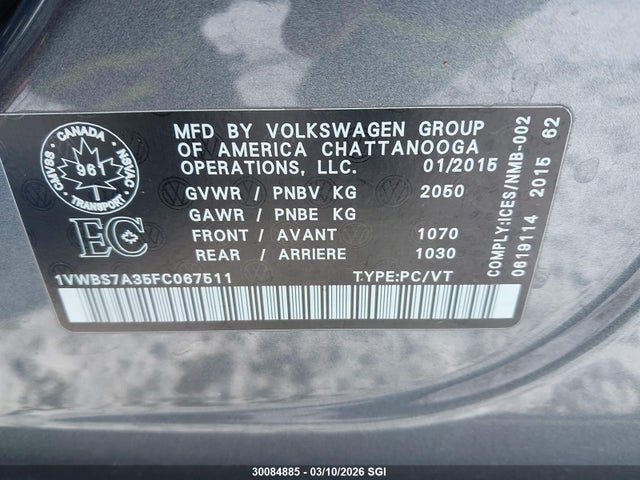 Aukcja sprzedaży 2015 Volkswagen Passat Se, vin: 1VWBS7A35FC067511, numer aukcji: 30084885