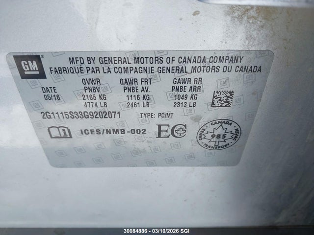 2016 Chevrolet Impala Lt მანქანა იყიდება აუქციონზე, vin: 2G1115S33G9202071, აუქციონის ნომერი: 30084886