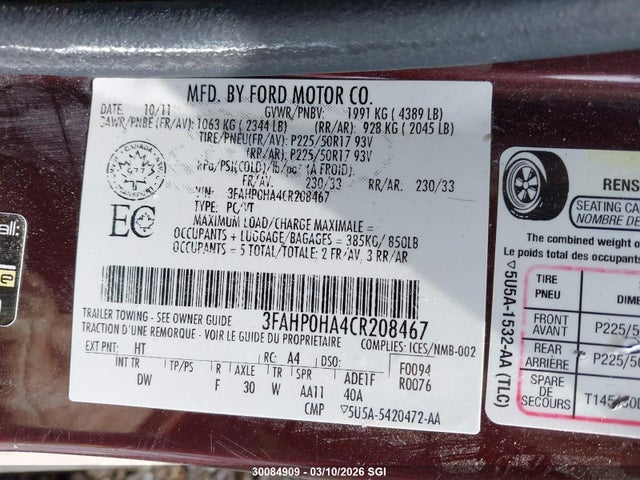 30084909 :رقم المزاد ، 3FAHP0HA4CR208467 vin ، 2012 Ford Fusion Se مزاد بيع