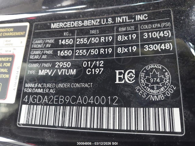 Aukcja sprzedaży 2012 Mercedes-benz Ml 350 Bluetec, vin: 4JGDA2EB9CA040012, numer aukcji: 30084806