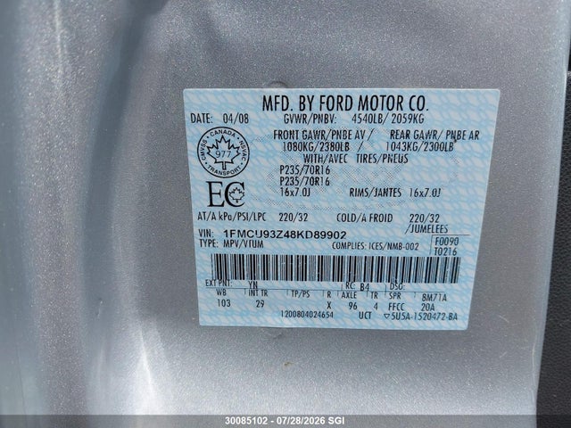 Продаж на аукціоні авто 2008 Ford Escape Xlt, vin: 1FMCU93Z48KD89902, номер лоту: 30085102