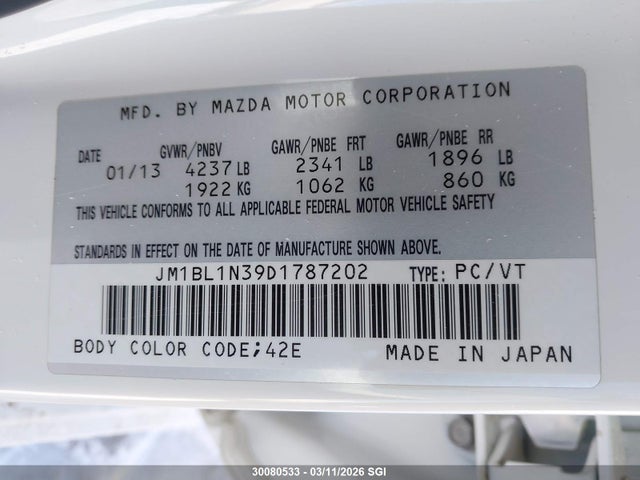 2013 Mazda Speed 3 მანქანა იყიდება აუქციონზე, vin: JM1BL1N39D1787202, აუქციონის ნომერი: 30080533