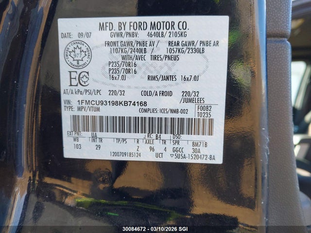 30084672 :رقم المزاد ، 1FMCU93198KB74168 vin ، 2008 Ford Escape Xlt مزاد بيع