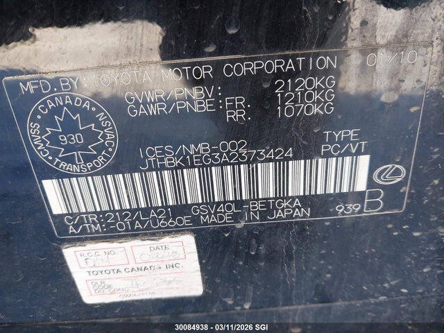 30084938 :رقم المزاد ، JTHBK1EG3A2373424 vin ، 2010 Lexus Es 350 مزاد بيع