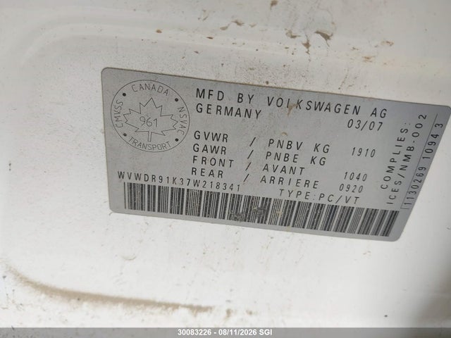 30083226 :رقم المزاد ، WVWDR91K37W218341 vin ، 2007 Volkswagen Rabbit مزاد بيع