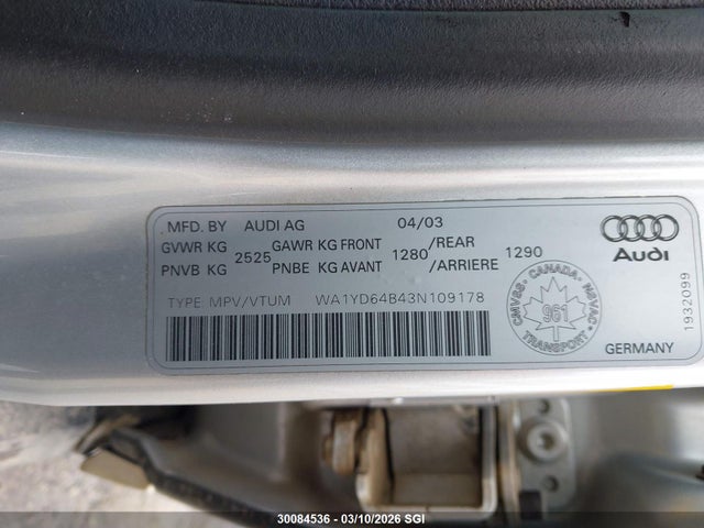 Aukcja sprzedaży 2003 Audi Allroad, vin: WA1YD64B43N109178, numer aukcji: 30084536