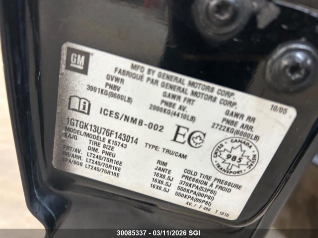Aukcja sprzedaży 2006 Gmc Sierra K1500 Heavy Duty, vin: 1GTGK13U76F143014, numer aukcji: 30085337