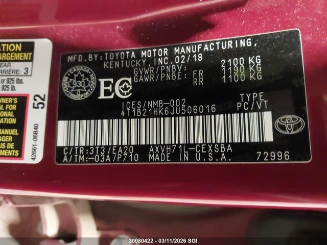 4T1B21HK6JU506016 Toyota Camry Hybrid Se