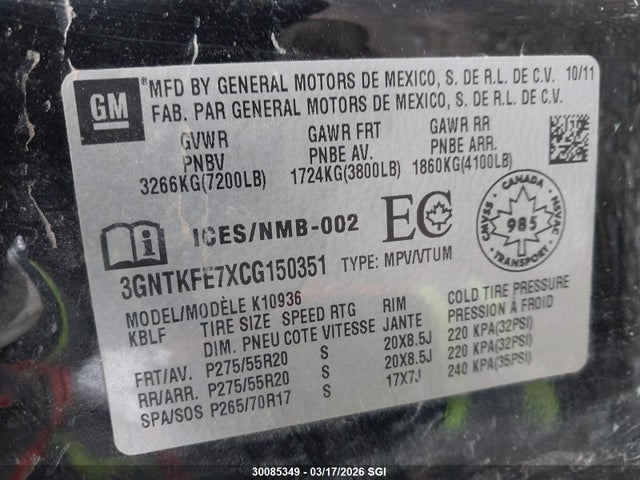 30085349 :رقم المزاد ، 3GNTKFE7XCG150351 vin ، 2012 Chevrolet Avalanche Lt مزاد بيع