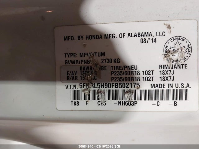 Aukcja sprzedaży 2015 Honda Odyssey Touring/touring Elite, vin: 5FNRL5H90FB502175, numer aukcji: 30084940
