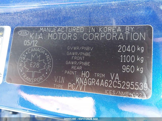 30085390 :رقم المزاد ، KNAGR4A62C5295539 vin ، 2012 Kia Optima Sx مزاد بيع