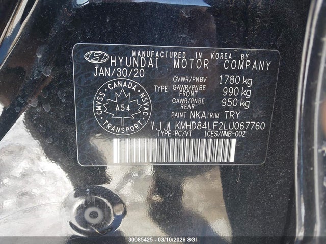 Aukcja sprzedaży 2020 Hyundai Elantra Sel/value/limited, vin: KMHD84LF2LU067760, numer aukcji: 30085425