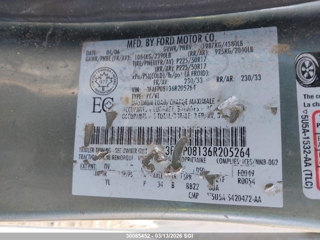 Продажа на аукционе авто 2006 Ford Fusion Sel, vin: 3FAFP08136R205264, номер лота: 30085452