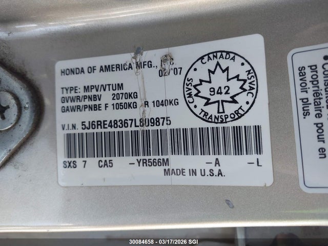 30084658 :رقم المزاد ، 5J6RE48367L809875 vin ، 2007 Honda Cr-v Lx مزاد بيع