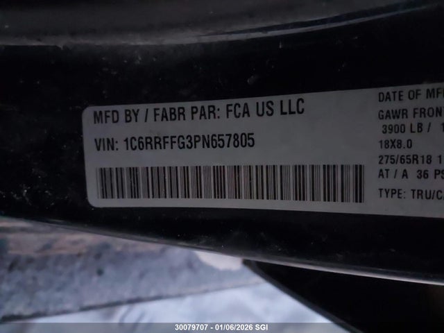 30079707 :رقم المزاد ، 1C6RRFFG3PN657805 vin ، 2023 Ram 1500 Big Horn/lone Star مزاد بيع