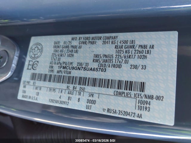 2025 Ford Escape Active მანქანა იყიდება აუქციონზე, vin: 1FMCU9GN7SUA65703, აუქციონის ნომერი: 30085474