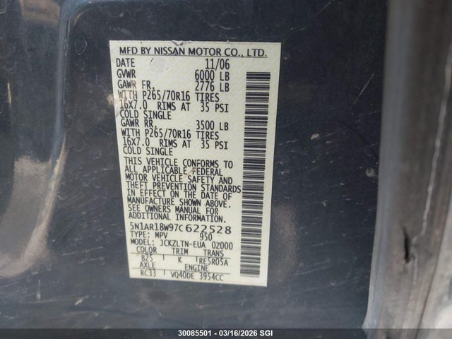 Aukcja sprzedaży 2007 Nissan Pathfinder Le/se/xe, vin: 5N1AR18W97C622528, numer aukcji: 30085501