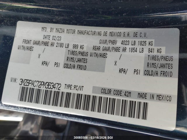 30085508 :رقم المزاد ، 3MZBPAC72PM363472 vin ، 2023 Mazda 3 Preferred مزاد بيع