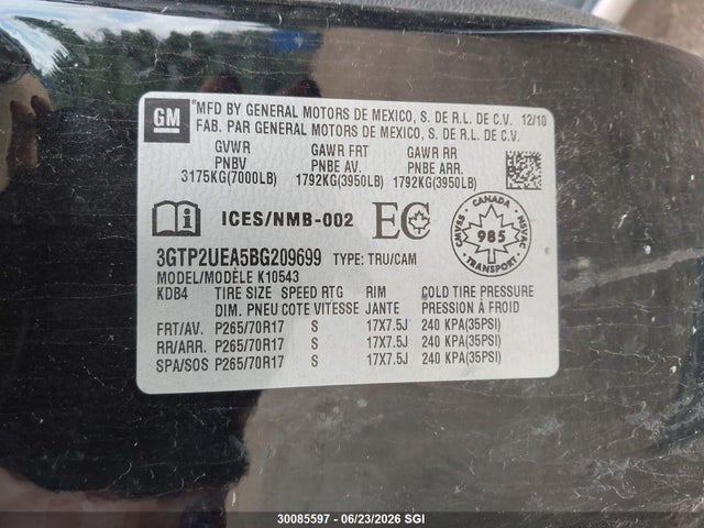 Aukcja sprzedaży 2011 Gmc Sierra K1500 Sl, vin: 3GTP2UEA5BG209699, numer aukcji: 30085597