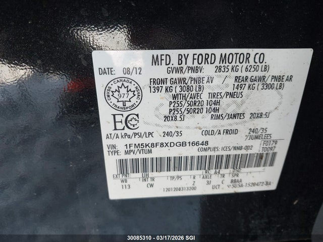 Aukcja sprzedaży 2013 Ford Explorer Limited, vin: 1FM5K8F8XDGB16648, numer aukcji: 30085310