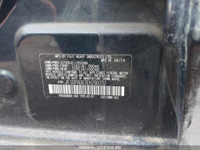 Продаж на аукціоні авто 2014 Subaru Impreza Premium, vin: JF1GPAD63EH290232, номер лоту: 30085619