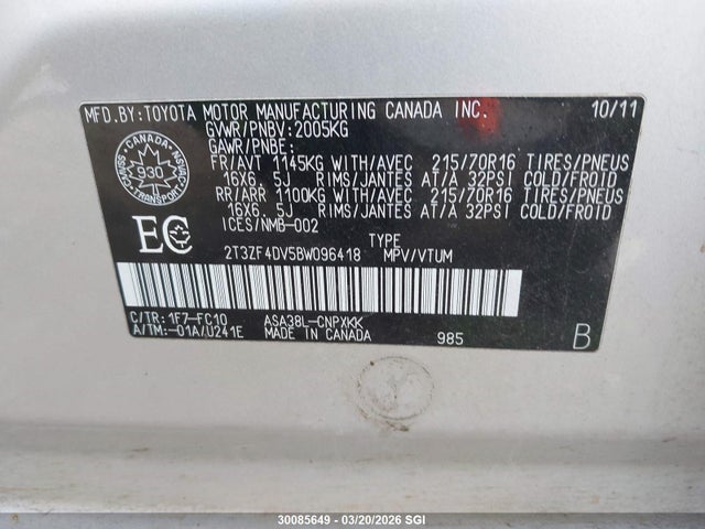 Aukcja sprzedaży 2011 Toyota Rav4, vin: 2T3ZF4DV5BW096418, numer aukcji: 30085649