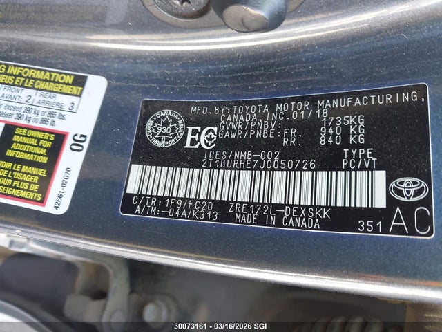 Aukcja sprzedaży 2018 Toyota Corolla L/le/xle/se/xse, vin: 2T1BURHE7JC050726, numer aukcji: 30073161