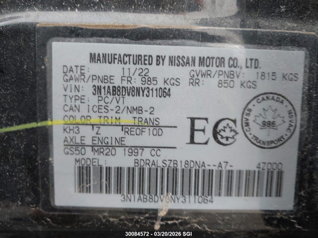 30084572 :رقم المزاد ، 3N1AB8DV8NY311064 vin ، 2022 Nissan Sentra Sr مزاد بيع