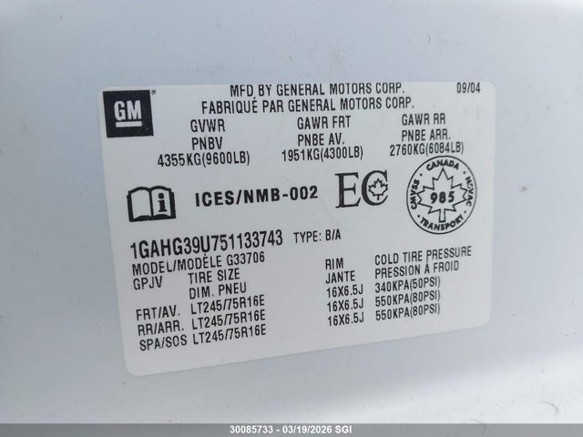 Продаж на аукціоні авто 2005 Chevrolet Express G3500, vin: 1GAHG39U751133743, номер лоту: 30085733