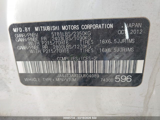 Aukcja sprzedaży 2013 Mitsubishi Outlander Se, vin: JA4JT3AX1DU604089, numer aukcji: 30085734