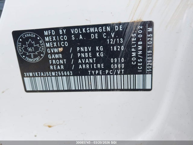 2014 Volkswagen Jetta S მანქანა იყიდება აუქციონზე, vin: 3VW1K7AJ5EM255663, აუქციონის ნომერი: 30085745