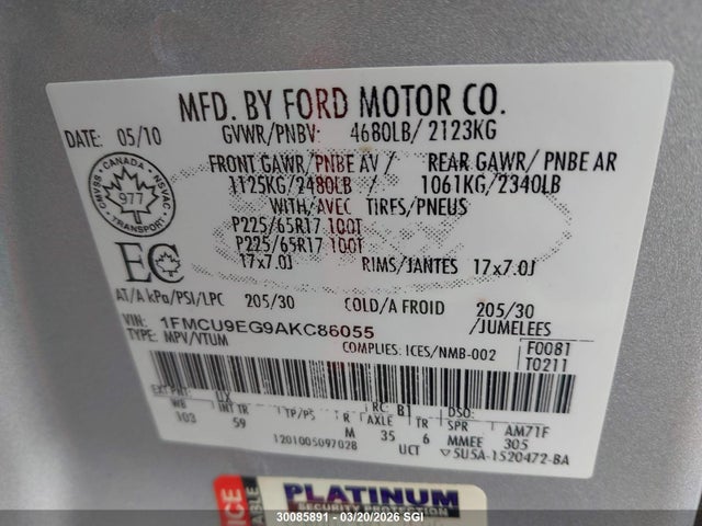 30085891 :رقم المزاد ، 1FMCU9EG9AKC86055 vin ، 2010 Ford Escape Limited مزاد بيع
