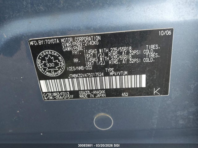 Aukcja sprzedaży 2007 Toyota Rav4 Sport, vin: JTMBK32V475017524, numer aukcji: 30085901