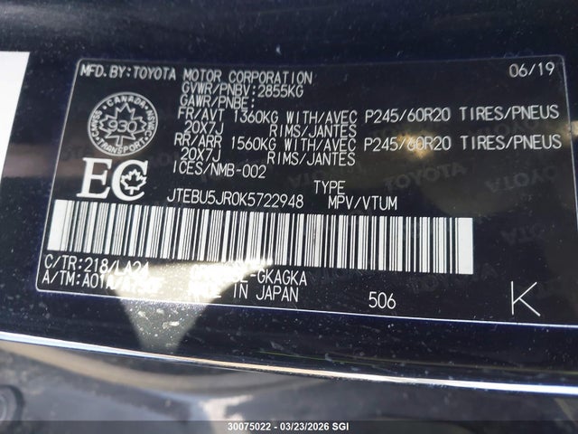 JTEBU5JR0K5722948 Toyota 4runner Sr5/sr5 Premium/limited/limited Night Shade/trd Off Road/trd Off Road Premium/trd Pro