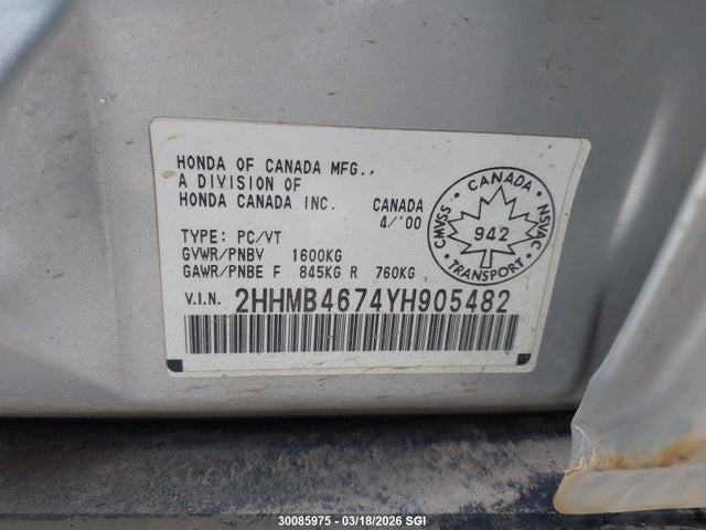 Aukcja sprzedaży 2000 Acura 1.6el Premium, vin: 2HHMB4674YH905482, numer aukcji: 30085975