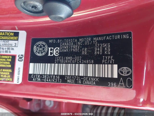 Aukcja sprzedaży 2015 Toyota Corolla L/le/le Pls/prm/s/s Pls, vin: 2T1BURHE6FC434858, numer aukcji: 30085979