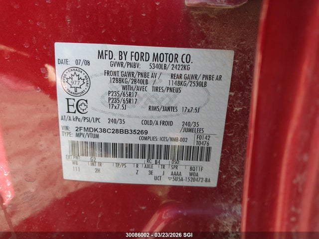 Aukcja sprzedaży 2008 Ford Edge Sel, vin: 2FMDK38C28BB35269, numer aukcji: 30086002