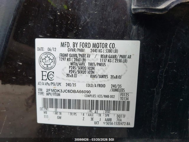 30066626 :رقم المزاد ، 2FMDK3JC6DBA66090 vin ، 2013 Ford Edge Sel مزاد بيع